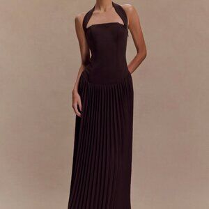 Meshki Stacie Pleated Halter Maxi Dress - Cacao Brown